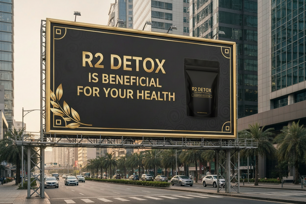 CREATE A BILLBOARD SIGN THAT IS VISIBLE ON THE STREET,  R2 DETOX IS BENEFICIAL FOR YOUR HEALTH WITH A PHOTO ENCLUDED OF THE BAG OF R2 DETOX