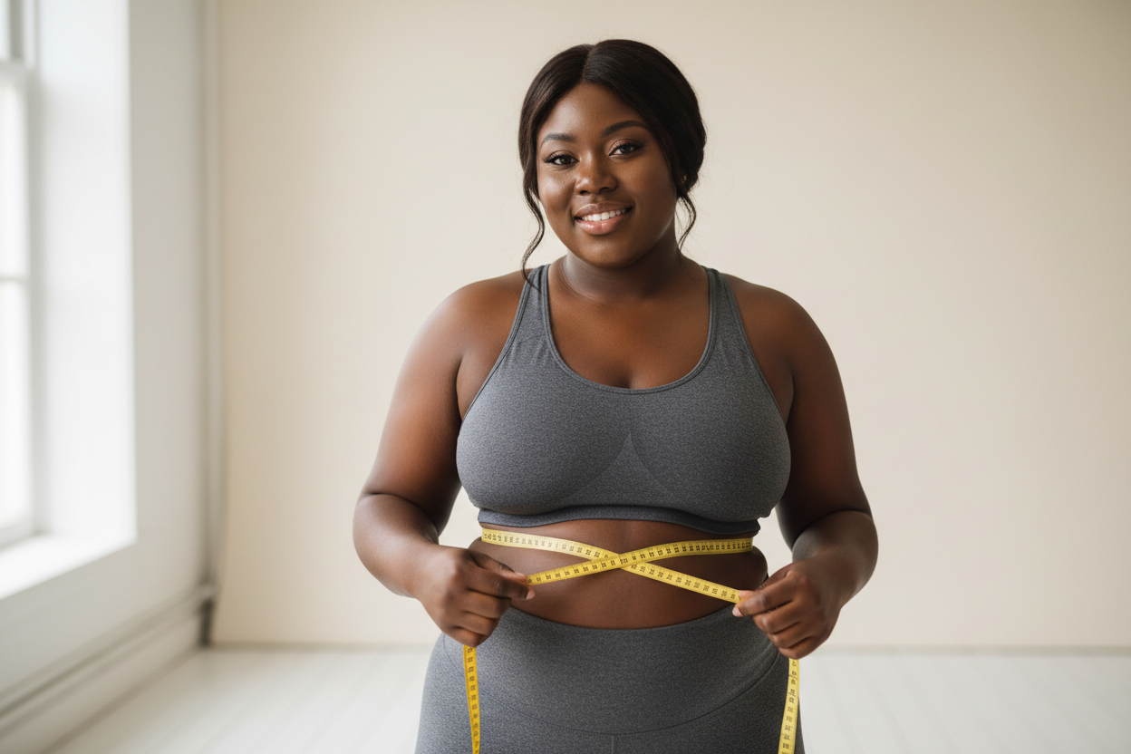 CREATE PHOTO OF A WOMAN WHO IS USING A WAIST MEASURING TAPE AROUND HER BELLY AREA , A AFRICAN AMERICAN WOMAN WHO IS APPROX 225 POUNDS WITH BULKY BELLY 