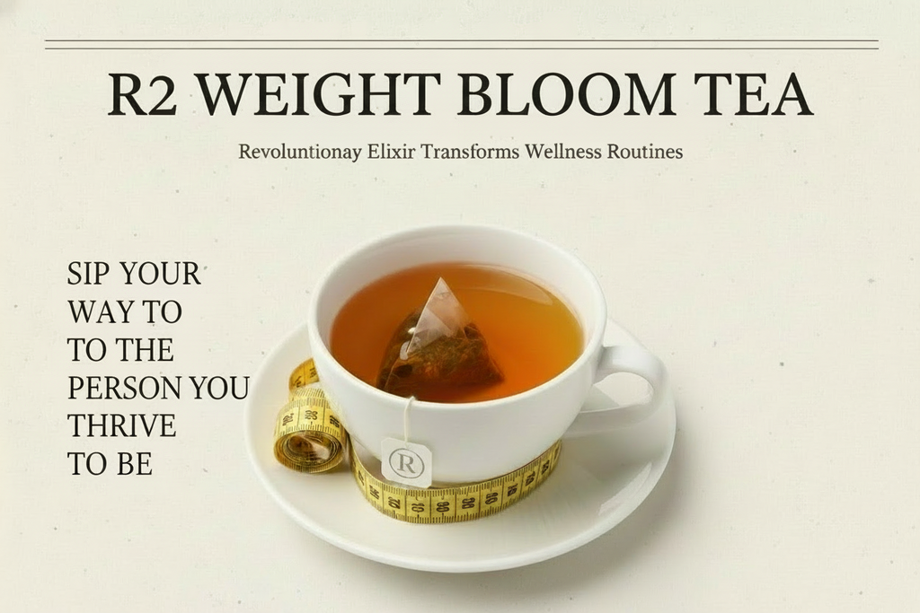 DESIGN NEWSPAPER ARTICLE SAYING R2 WEIGHT BLOOM TEA WITH A MEASURING TAPE WRAPPED AROUND A CUP OF TEA , TEA BAG INSIDE THE CUP OF TEA AND STRING HANGING VISIBLE OUT OF THE CUP OF TEA ,WITHY A LETTER R ON THE TEA BAG STRING