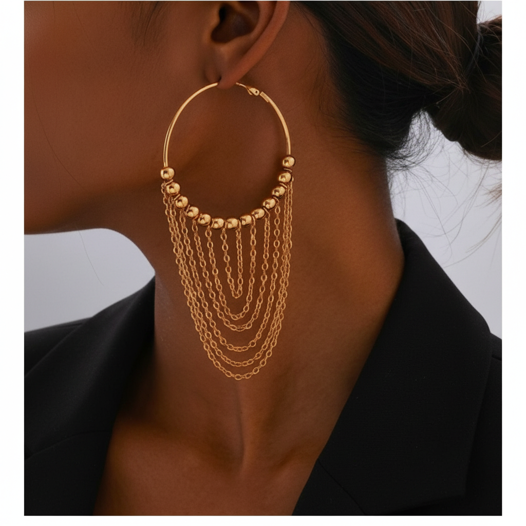 R2 Road Runna Ball & Chain Earrings worn with black blazer