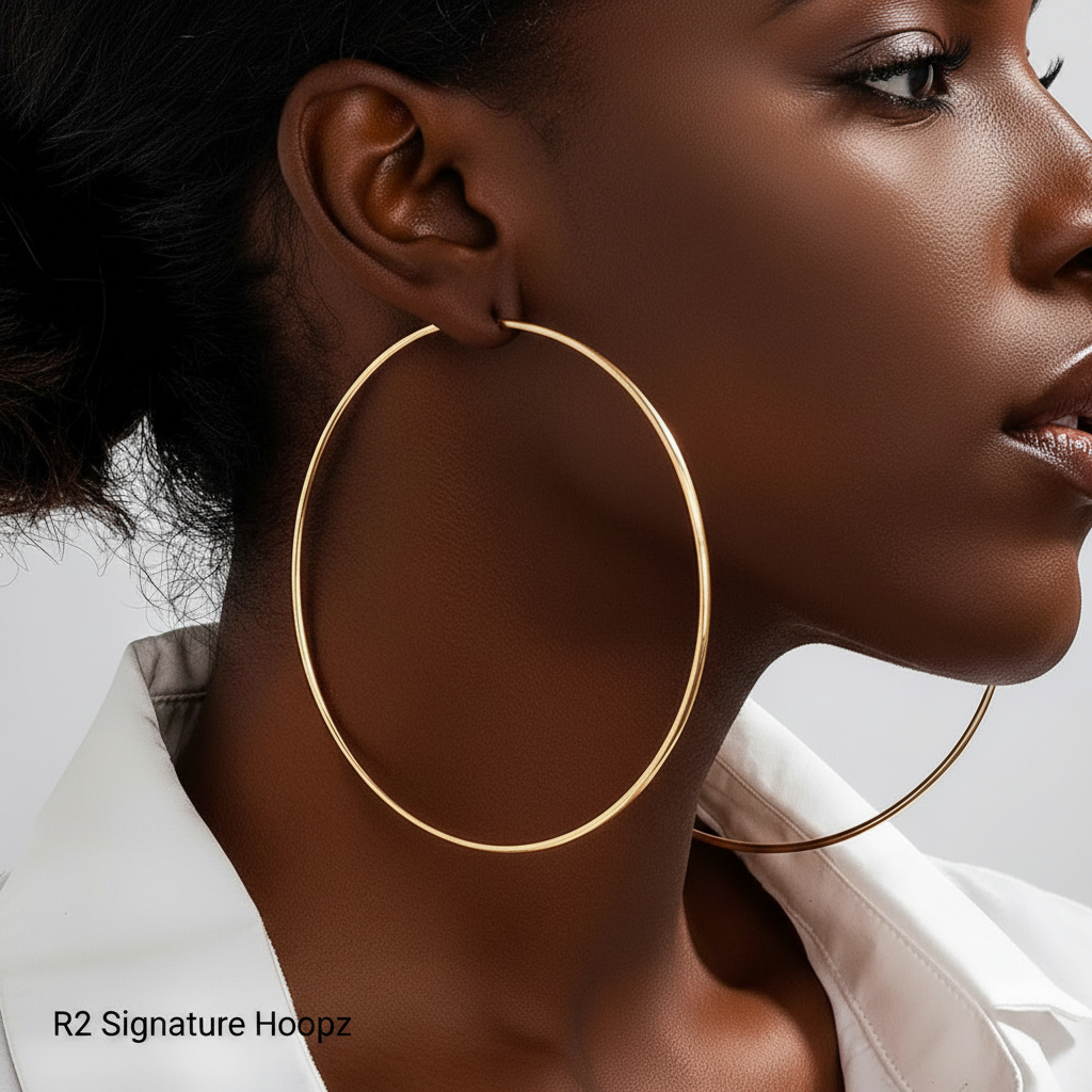 R2 Signature Hoopz gold hoop earrings worn by woman