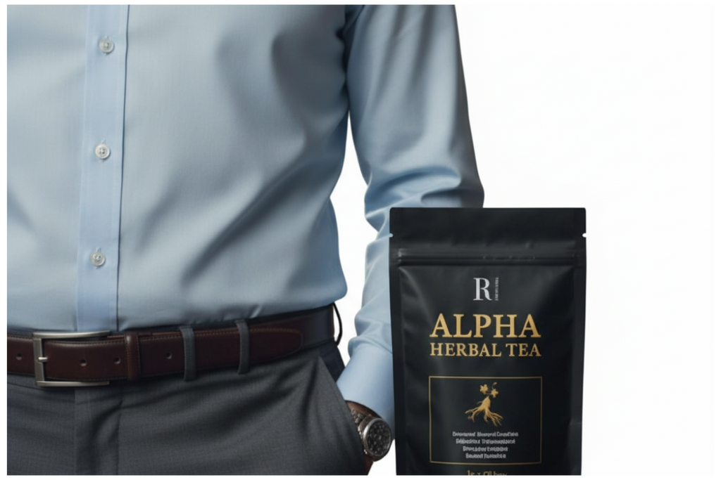 Man holding R2 Alpha Herbal Tea bag on white background