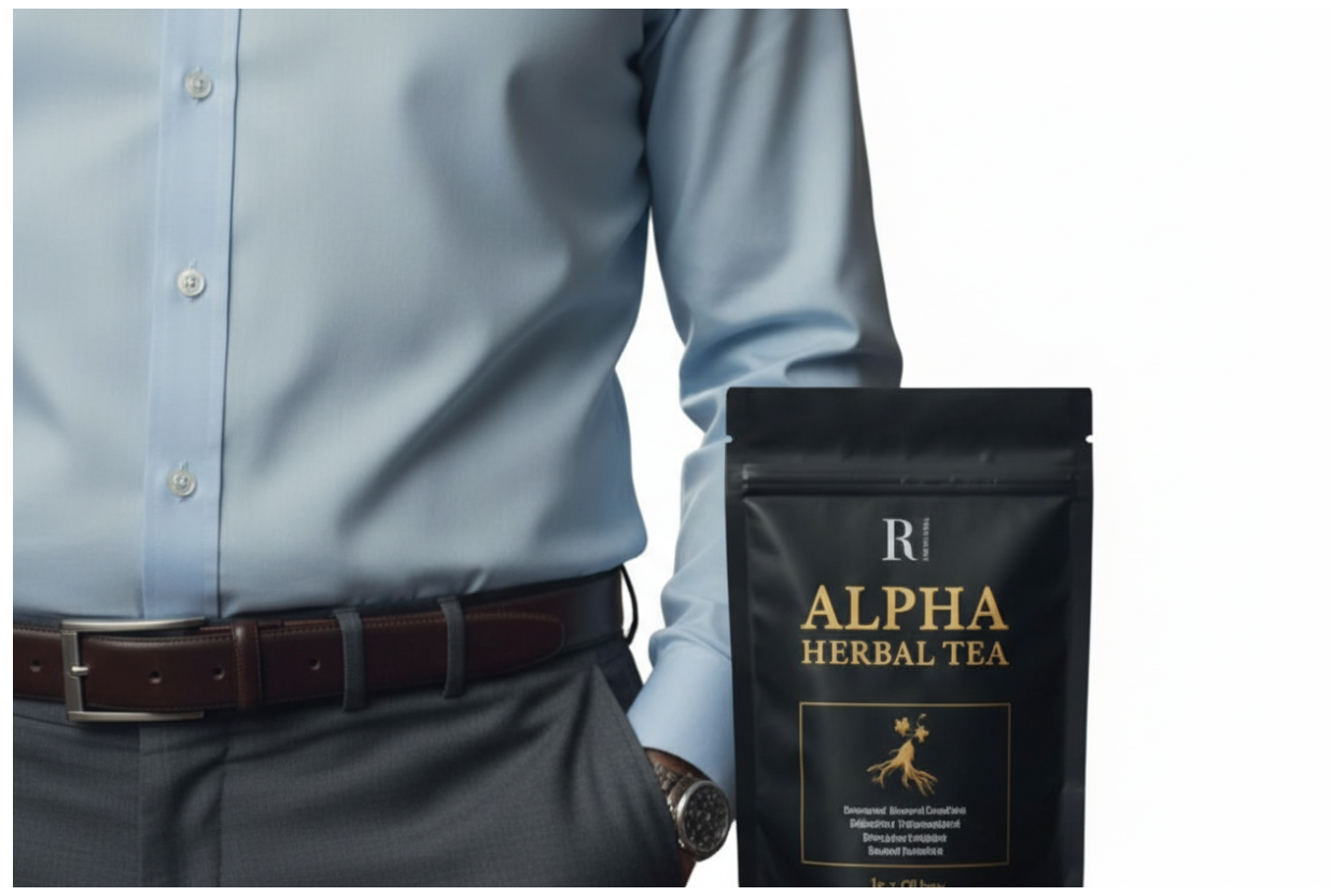 Man holding R2 Alpha Herbal Tea bag on white background